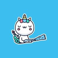 lindo unicornio regando la planta. dibujos animados para la etiqueta engomada. vector