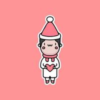 cute boy holding heart symbol and celebrate Christmas. cartoon for sticker. vector