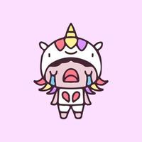 Cute kid with unicorn costume crying illustration. Vector graphics for t-shirt prints and other uses.