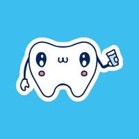 Cute Teeth mascot holding glass of water illustration. Vector graphics for sticker prints and other uses.