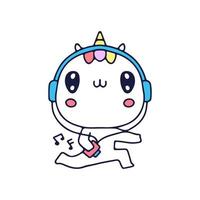 Unicornio kawaii escuchando música con ilustración de auriculares. gráficos vectoriales para estampados de camisetas y otros usos. vector