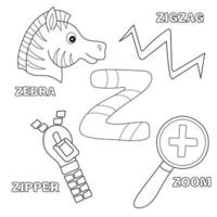 alfabeto z - ejercicios de hoja de trabajo para niños - ilustración de libros para colorear vector