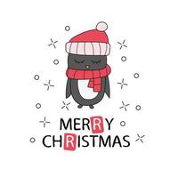 tarjeta de felicitación navideña dibujada a mano con pinguin. texto de letras feliz navidad vector