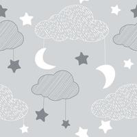 Seamless pattern with sky elements in line art style, grey night vector