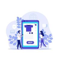 online shopping, E-commerce, buy online with mobile app, vector illustration with people