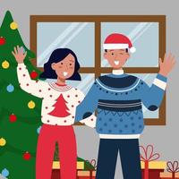 Happy Couple in Ugly Sweater Rise Their Hands vector