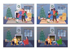 Celebrating Christmas at home flat color vector illustration set. Parents and children hugging. Couple sitting at fireplace. Family 2D cartoon characters with interior on background bundle