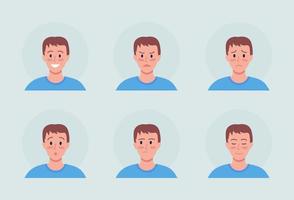 Young man with different emotions semi flat color vector character avatar set. Portrait from front view. Isolated modern cartoon style illustration for graphic design and animation pack