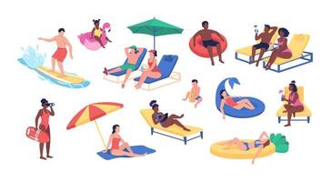 actividades de playa juego de caracteres vectoriales de color semi plano. posando figuras. personas de cuerpo entero en blanco. Ilustración de estilo de dibujos animados moderno aislado de verano para diseño gráfico y colección de animación vector