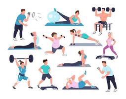 Gym exercise semi flat color vector character set. Posing figures. Full body people on white. Fitness isolated modern cartoon style illustration for graphic design and animation collection
