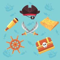 accesorios piratas ilustración de un conjunto de piratas, velas, barcos,  oro, espada, isla calavera y tesoro. vector 8859269 Vector en Vecteezy