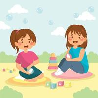 Two Children Playing Blocks on a Playground vector