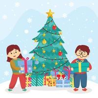 niños intercambian regalos de navidad vector