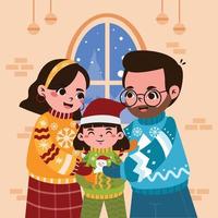 una familia viste suéteres feos en la celebración navideña vector