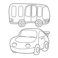 Contour black and white cartoon of bus and car. Coloring book for children vector