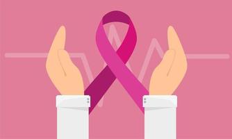 Banner de concientización sobre el cáncer de mama - asimiento de la mano signo de cinta rosa sobre fondo rosa vector