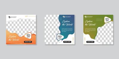 Set of Editable square banner for Travel social media post, Template banner for travel ads with abstract shape, Vector illustration.