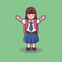 a female student wearing a bag and waving. a cute female schoolgirl vector. back to school background. girl in school uniform vector