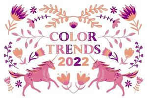 tendencias de color 2022. Ilustración en colores de tendencia, con unicornios y motivos florales. vector