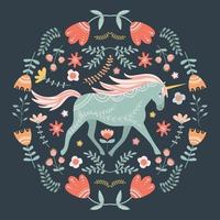 Unicorn and floral motives, illustration in folk art style. vector