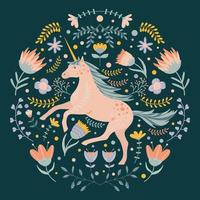 Unicorn and floral motives, illustration in folk art style. vector