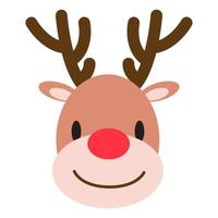 cara de renos de divertidos dibujos animados. ayudante de santa. decoración navideña y año nuevo. ciervo con gran nariz roja. sonriente animal de invierno. impresión para adhesivo, papel de regalo, textil, banner, diseño de temporada vector