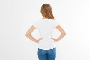 young caucasian, europian woman, girl in blank white t-shirt. t shirt design and people concept. Shirts front view isolated on white background. Mock up. Copy space. photo