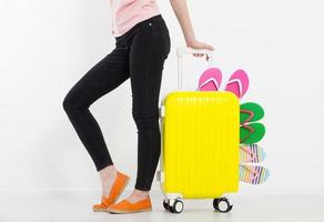 girl with suitcase isolated on white background .Summer holidays. summer flip flops or slippers. Travel valise or bag. Mock up. Copy space. Template. Blank. photo