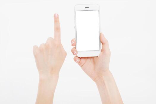 Hand holding white phone isolated on white clipping path inside. Top view.Mock up.Copy space.Template.Blank. photo