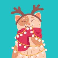 gato con diadema cuernos de venado, bufanda calentita, guirnalda de bombillas. postal de feliz navidad y próspero año nuevo. Ilustración de vector lindo aislado sobre fondo. cartel de invierno con gatito doméstico.