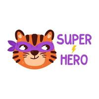 Tiger with super hero mask. Chinese zodiac animal. Symbol of the new year 2022, 2034. Vector illustration isolated on white background. Portrait of ginger cat. Print for kid apparel.