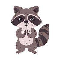 Little insidious crafty racoon with a sly grin and eyes, stands and is plotting something. Mischievous coon. Woodland animal illustration. Vector element isolation on white background.