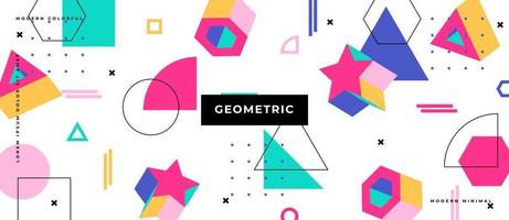 Colorful 3d polygon shapes, geometric memphis style motion shape, lines, dots on white background. vector