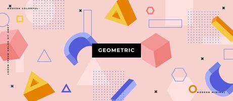 Colorful geometric memphis style 3d motion polygon shapes, lines, dots background. vector