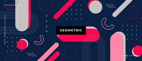 Abstract background with different geometric shapes, memphis style illustration, dots, lines, shapes on dark blue background. vector