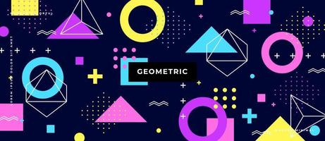Background in the style of the 80s with multicolored geometric shapes on the dark blue background. Illustration for hipsters Memphis style. vector