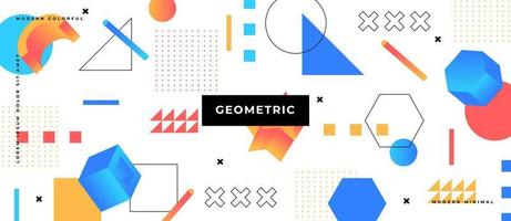 Geometric memphis seamless pattern in style of the 80s. Modern trendy background with 3d objects, lines, dots, polygon shape on white background. vector