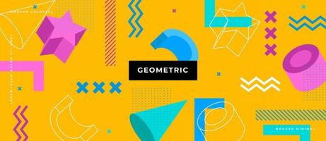 Colorful 3d polygon shape, geometric memphis style shapes, dots, lines background. vector