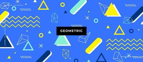 Background in the style of the 80s with multicolored geometric shapes on the blue background. Illustration for hipsters Memphis style. vector