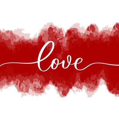 Love - handwritten text on red watercolor background.