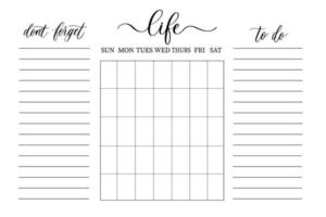 To do list, planner with weeks and calligraphy. vector