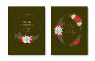 conjunto de elegantes tarjetas de feliz navidad y año nuevo con corona de pino, muérdago, plantas de invierno, ilustración de diseño para saludos, invitaciones, volantes, folletos, portadas. vector