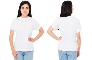 conjunto, collage mujer asiática, coreana en camiseta aislada sobre fondo blanco, maqueta para el diseño. copie el espacio. plantilla. blanco foto