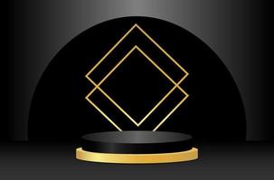 Abstract 3d podium with geometric forms. Black scene, dark background, golden decor. Product presentation, mockup. Vector illustration.