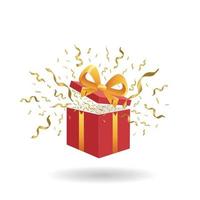 Open red gift box with gold streamers and confetti isolated on white background. 3d image. Congratulation design, sale. Vector illustration.