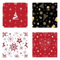 Set of christmas seamless patterns. Gift boxes, tree, stars, snowflakes, on red, black, white backgrounds. For greeting wrapping papper and textile. Holiday vector illustration.