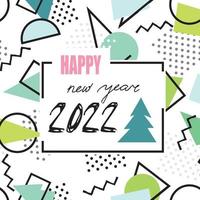 Happy New Year 2022 banner. Abstract winter holiday background with Christmas tree. Christmas greeting card with handwritten lettering in 90s geometric style vector