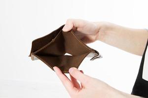 Hand with an empty wallet isolated on white background, Bankruptcy photo