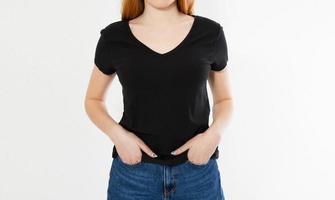 Girl in stylish black t-shirt isolated on white background, copy space, blank, t shirt mock up photo