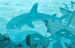 tiburón en el océano con fondo de vida marina vector